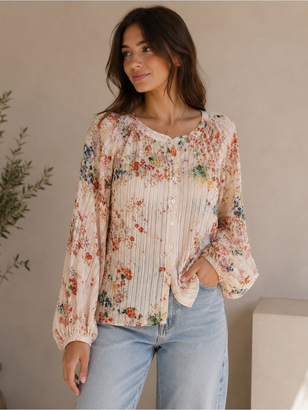 NWT Sunday Up Floral Pleated Peasant Blouse Size Small